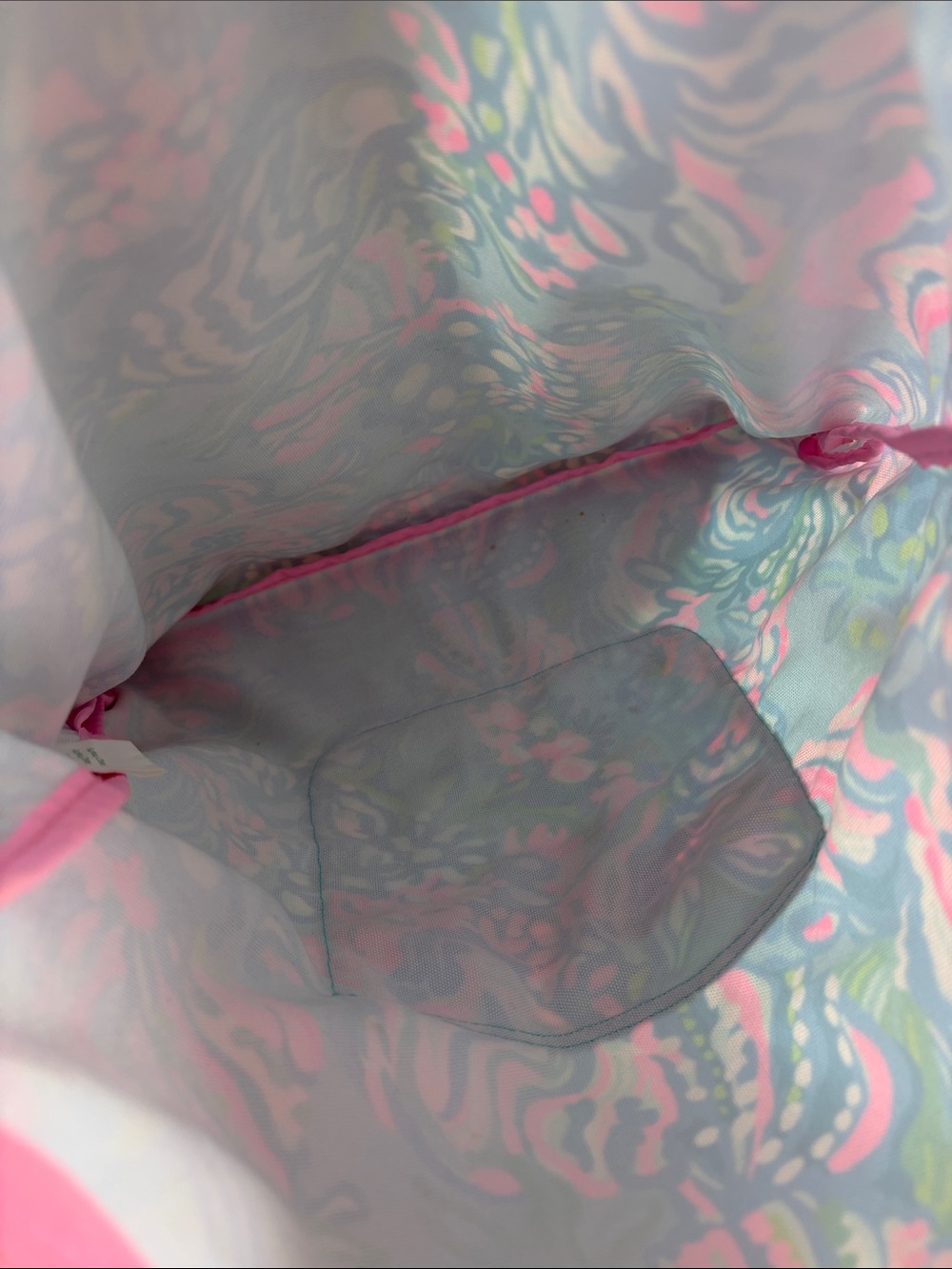 Lilly Pulitzer Aqua La Vista Drawstring Backpack Pink Blue Shell Print Beach Bag - Picture 6 of 7